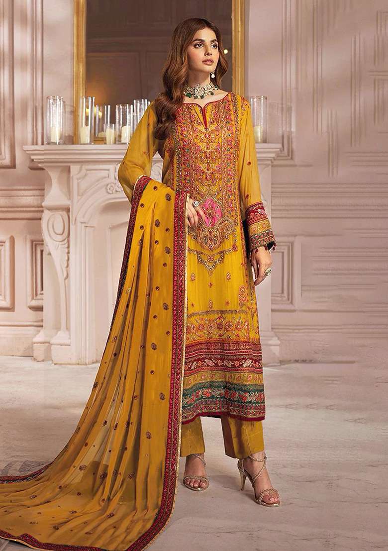 Yellow Embroidered Faux Blooming Pakistani Suit Set - Indya