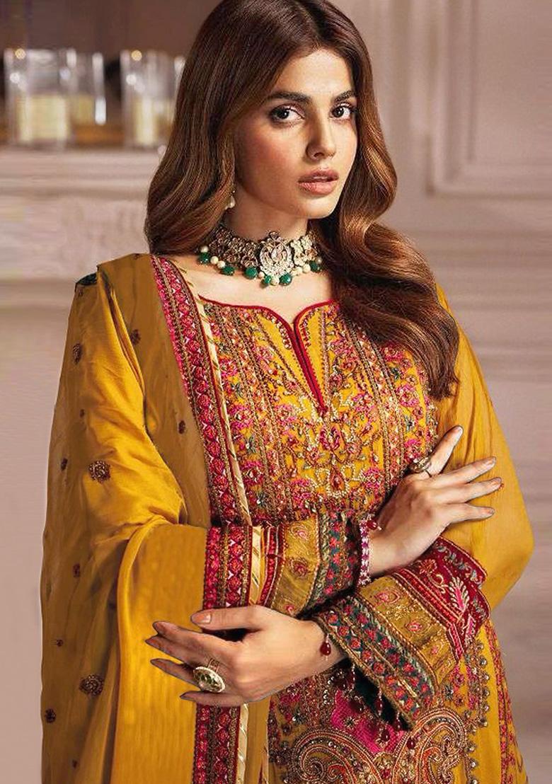 Yellow Embroidered Faux Georgette Kurta Set