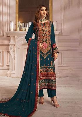 Teal Embroidered Faux Georgette Kurta Set