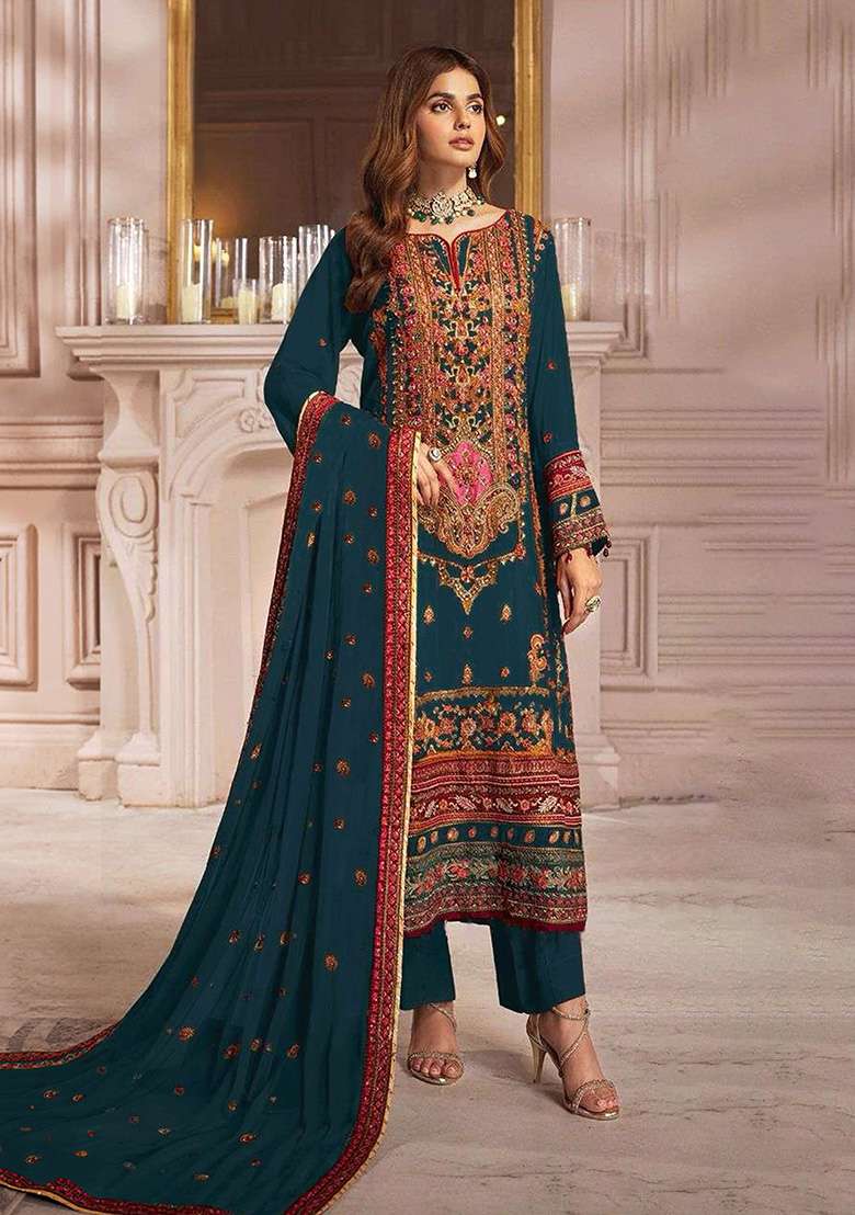 Teal Embroidered Faux Georgette Kurta Set - Indya