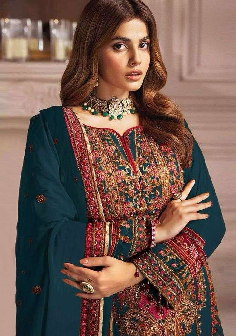 Teal Embroidered Faux Georgette Kurta Set - Indya