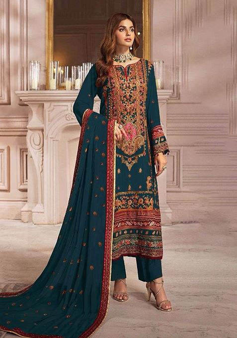 Teal Embroidered Faux Georgette Kurta Set
