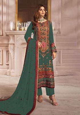 Green Embroidered Faux Georgette Kurta Set
