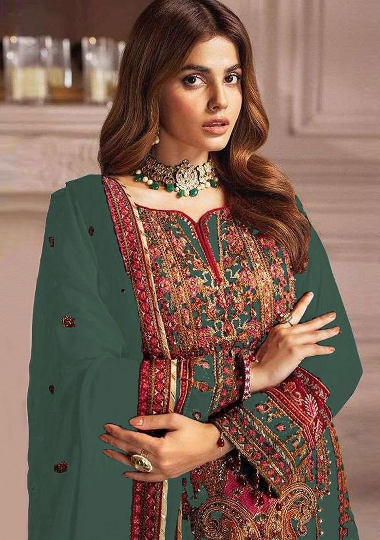 Green Embroidered Faux Georgette Kurta Set