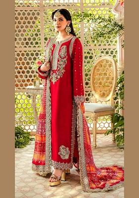 Red Embroidered Faux Georgette Kurta Set