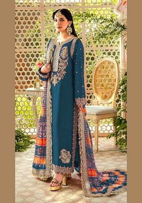 Teal Embroidered Faux Georgette Kurta Set