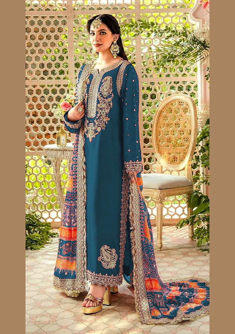 Teal Embroidered Faux Georgette Kurta Set - Indya
