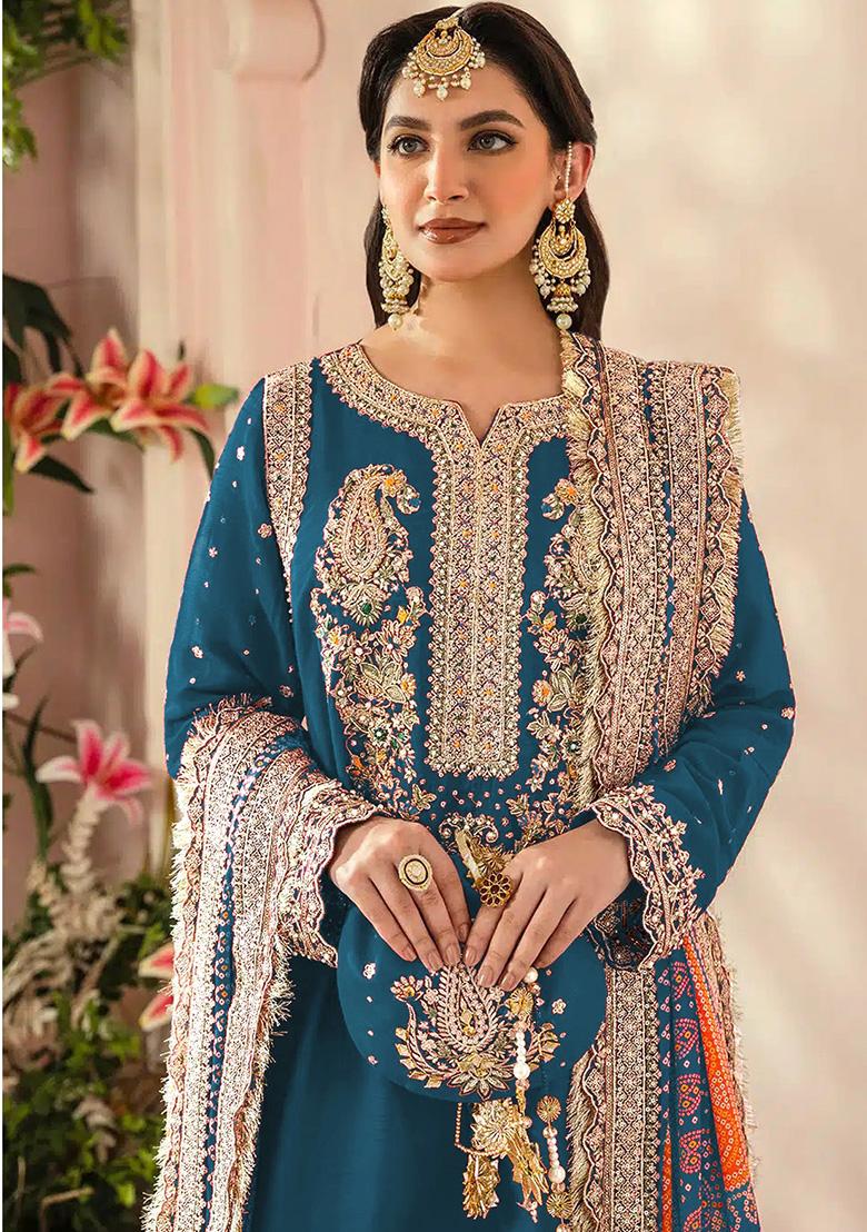 Teal Embroidered Faux Georgette Kurta Set