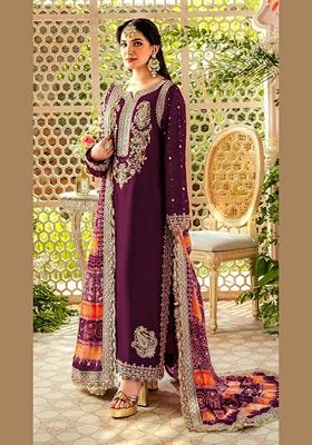Wine Embroidered Faux Georgette Kurta Set