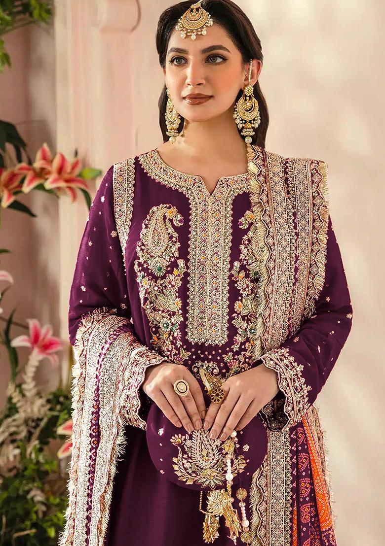 Wine Embroidered Faux Georgette Kurta Set