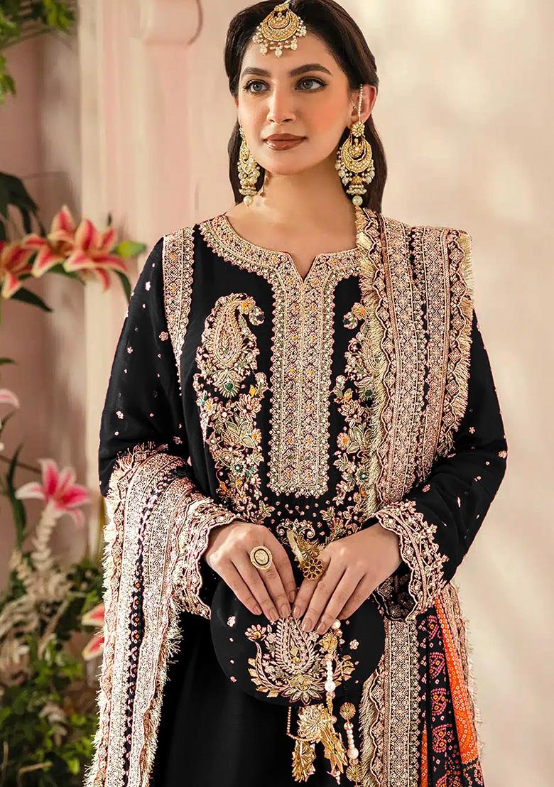 Black Embroidered Faux Georgette Kurta Set - Indya