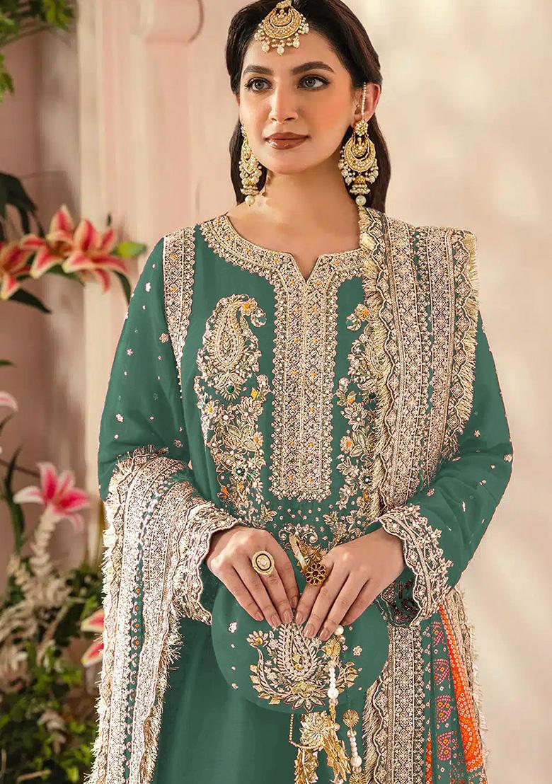 Light Green Embroidered Faux Georgette Kurta Set