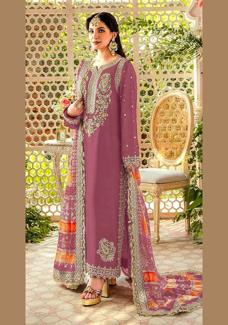 Light Purple Embroidered Faux Georgette Kurta Set - Indya