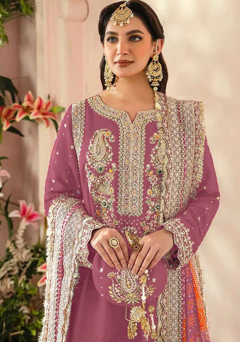 Light Purple Embroidered Faux Georgette Kurta Set - Indya
