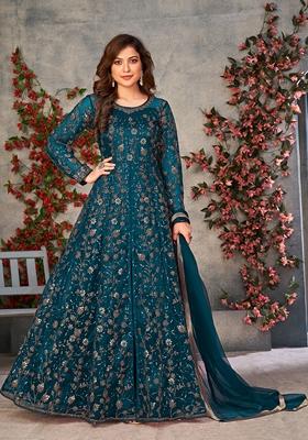 Teal Embroidered Pure Net Anarkali Kurta Set