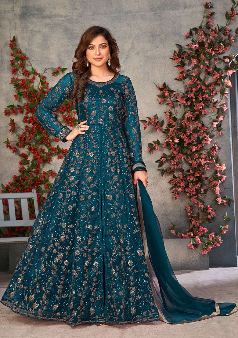 Teal Embroidered Net Anarkali Set - Indya
