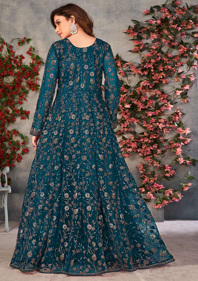 Teal Embroidered Net Anarkali Set - Indya