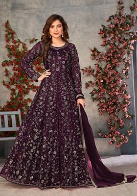 Wine Embroidered Pure Net Anarkali Kurta Set