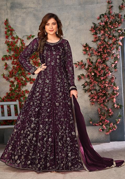 Wine Embroidered Pure Net Anarkali Kurta Set