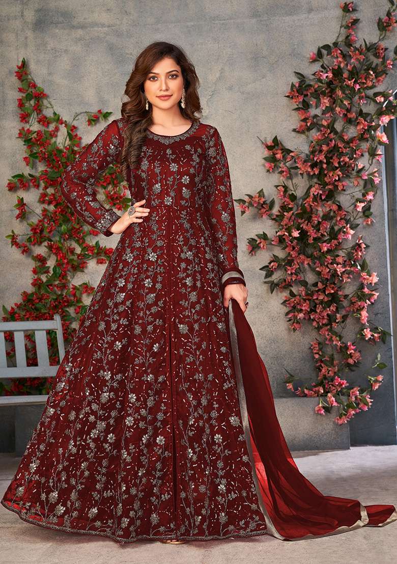 Maroon Embroidered Net Anarkali Set - Indya