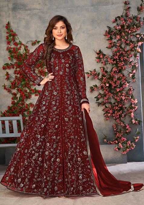 Maroon Embroidered Pure Net Anarkali Kurta Set