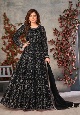 Black Embroidered Pure Net Anarkali Kurta Set