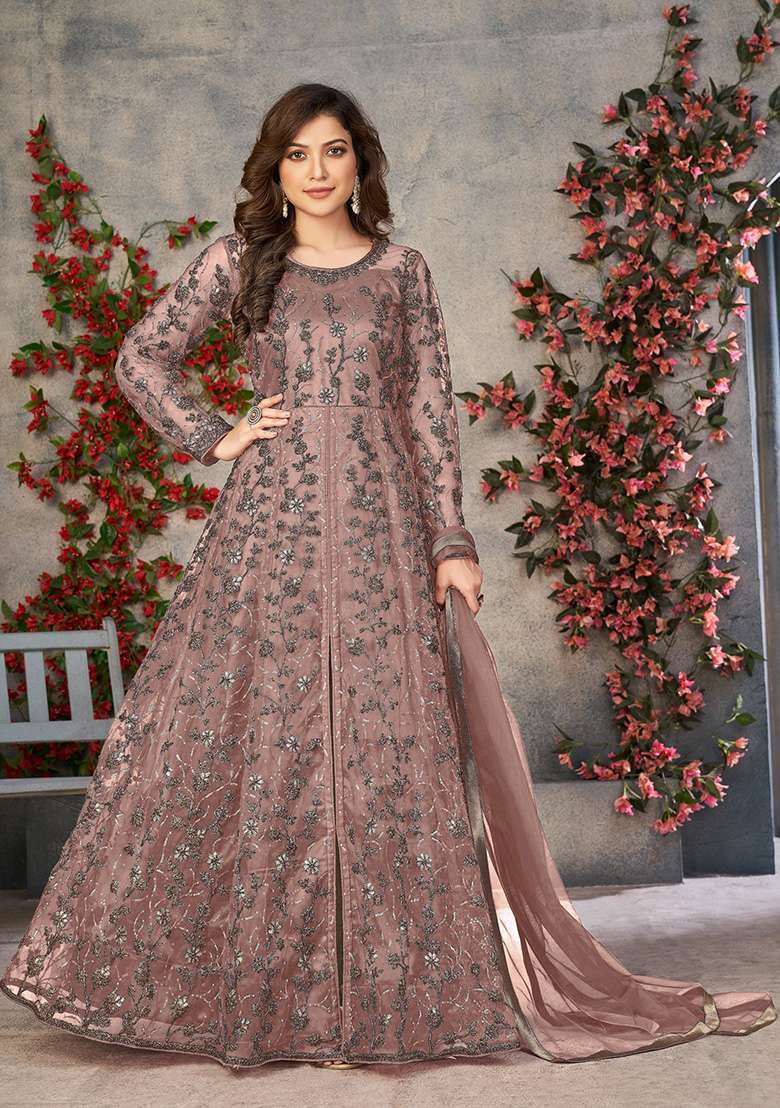 Peach Embroidered Pure Net Anarkali With Dupatta - Indya