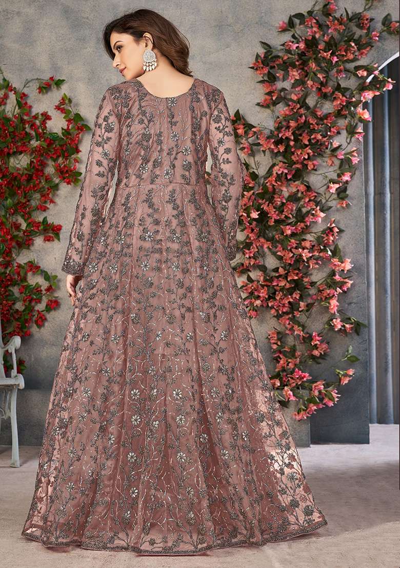 Peach Embroidered Pure Net Anarkali With Dupatta - Indya