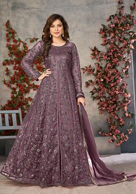Lavender Embroidered Pure Net Anarkali Kurta Set