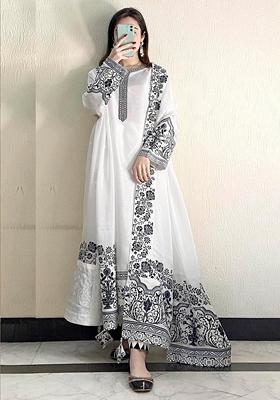 White Embroidered Faux Georgette Kurta Set