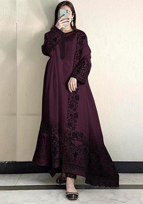 Wine Embroidered Faux Georgette Kurta Set