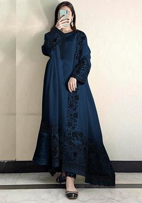 Teal Green Embroidered Faux Georgette Kurta Set