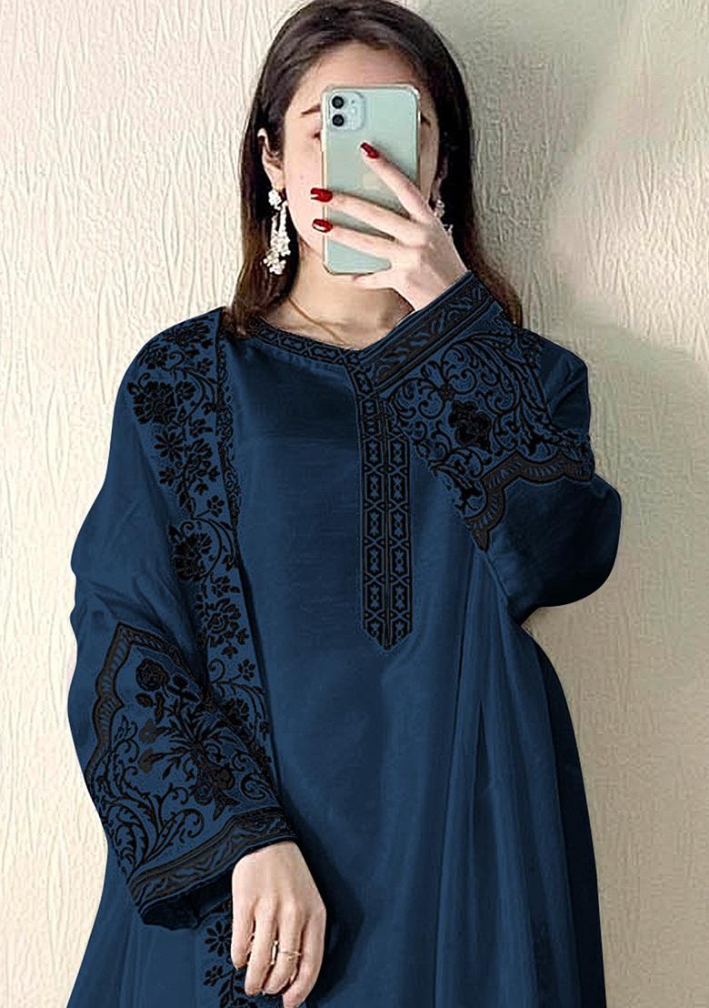 Teal Green Embroidered Faux Georgette Kurta Set