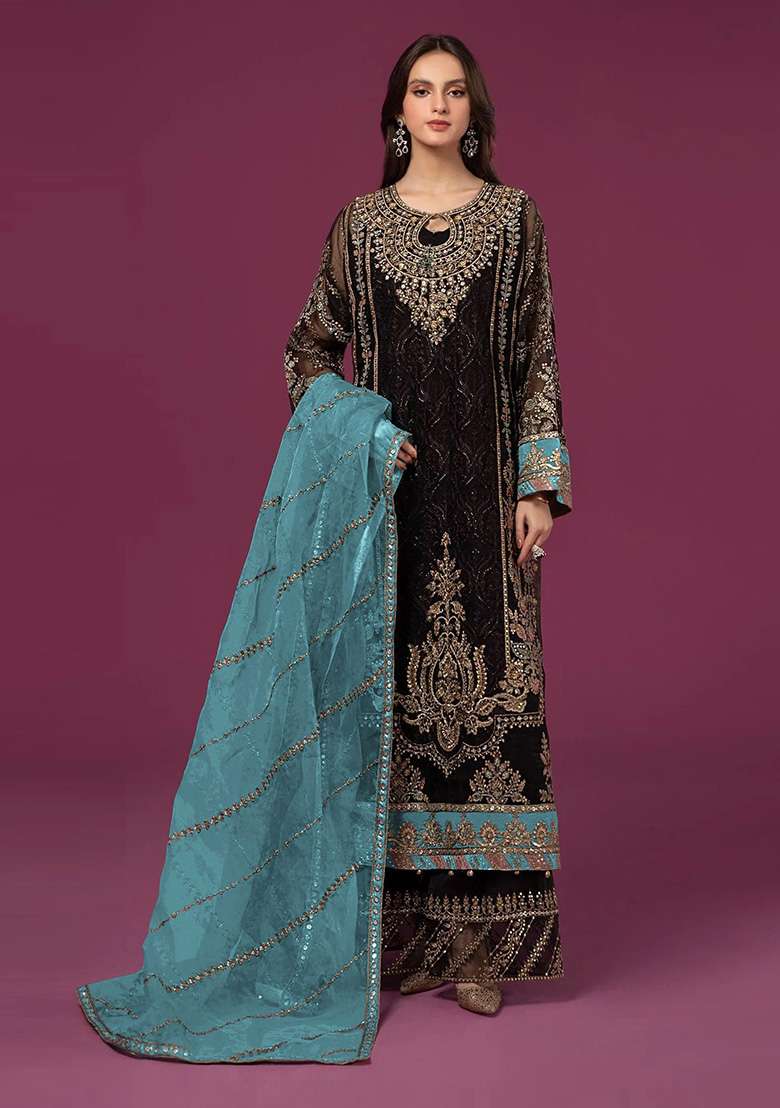 Black Embroidered Faux Georgette Kurta Set - Indya