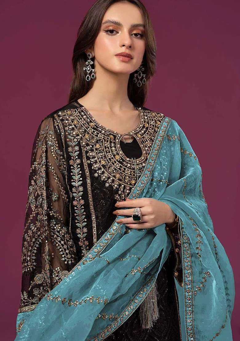 Black Embroidered Faux Georgette Kurta Set - Indya