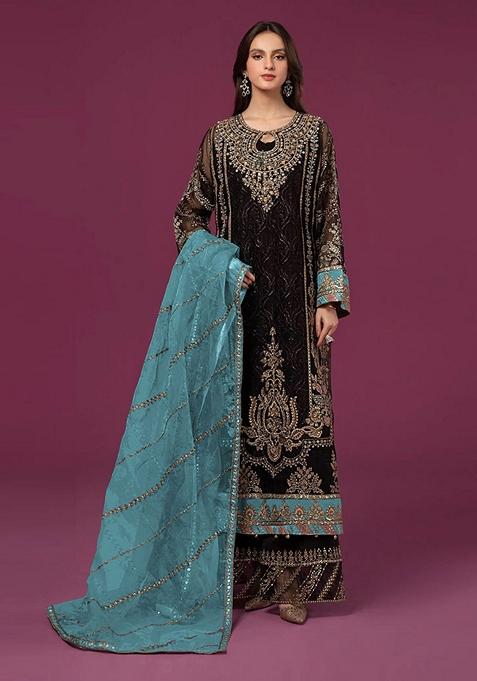 Black Embroidered Faux Georgette Kurta Set