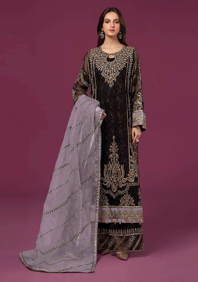 Black Embroidered Faux Georgette Kurta Set - Indya