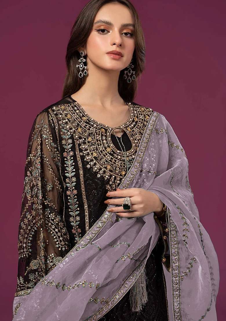 Black Embroidered Faux Georgette Kurta Set - Indya