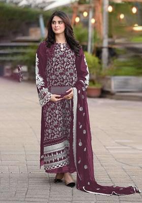 Purple Embroidered Faux Georgette Kurta Set