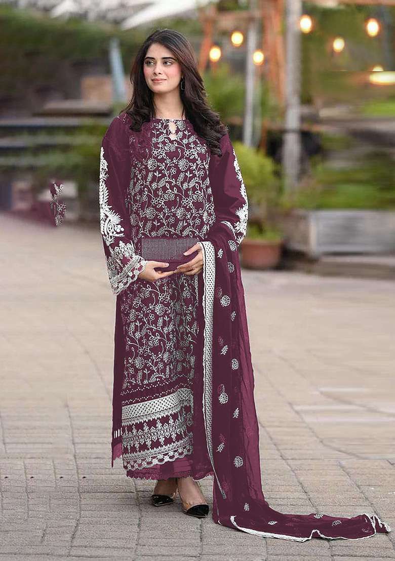 Purple Embroidered Faux Blooming Pakistani Suit Set - Indya