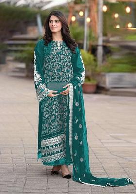 Teal Green Embroidered Faux Georgette Kurta Set
