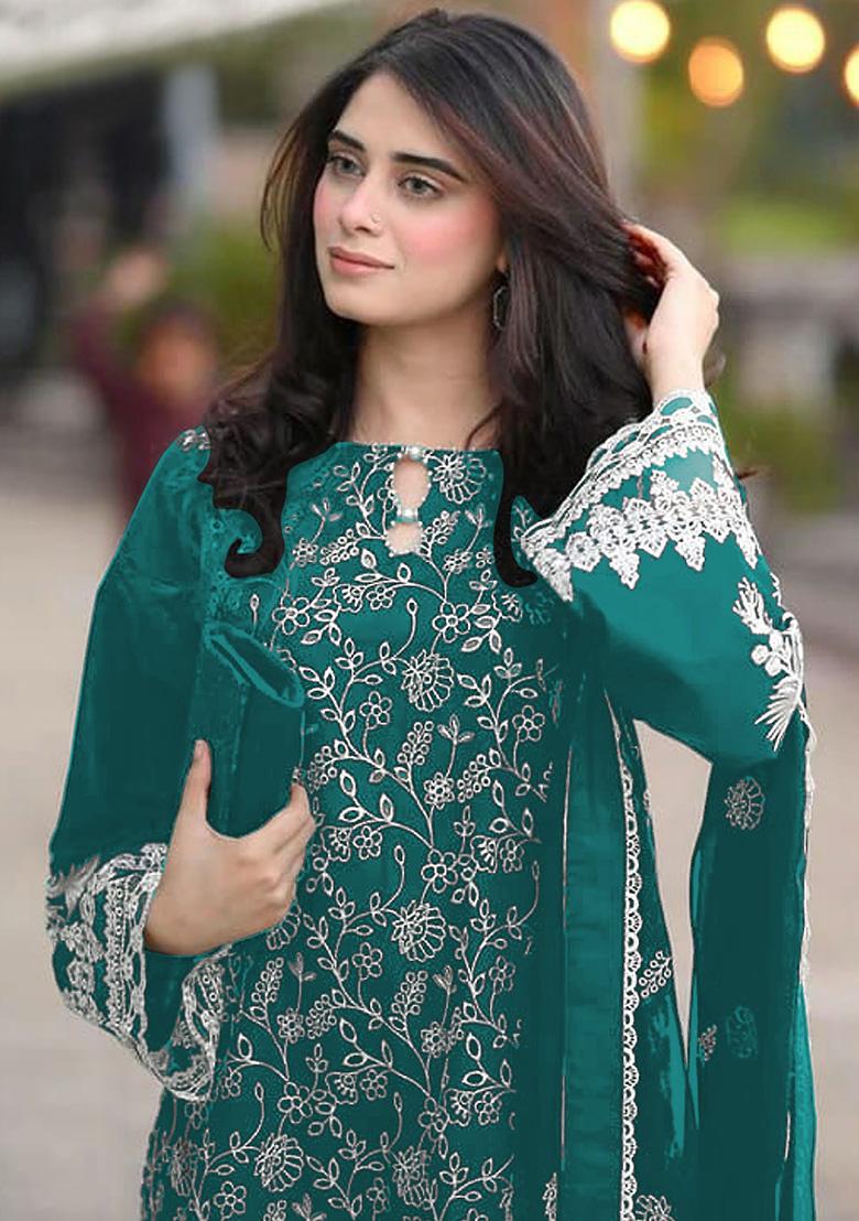 Teal Green Embroidered Faux Georgette Kurta Set