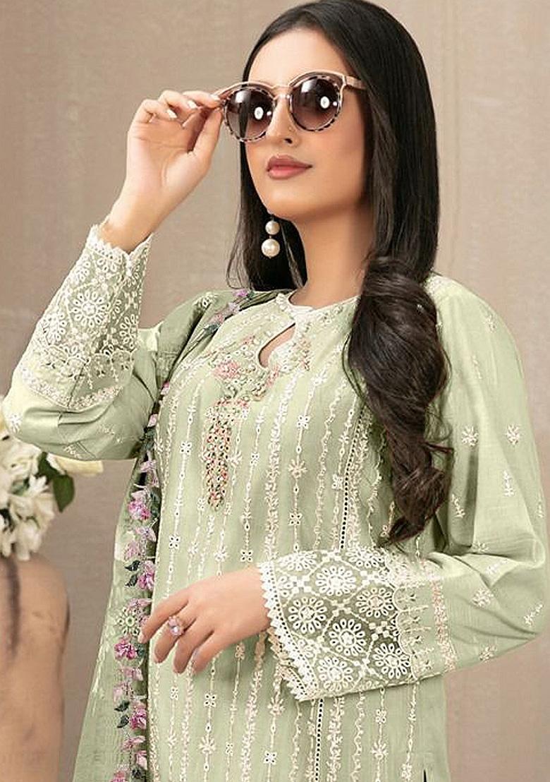 Light Green Embroidered Faux Georgette Kurta Set