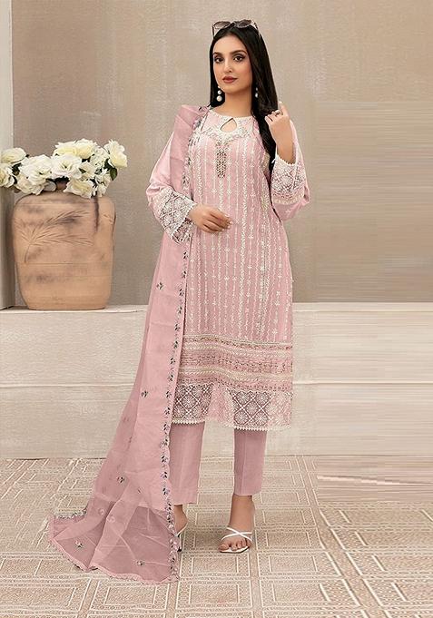 Pink Embroidered Faux Georgette Kurta Set