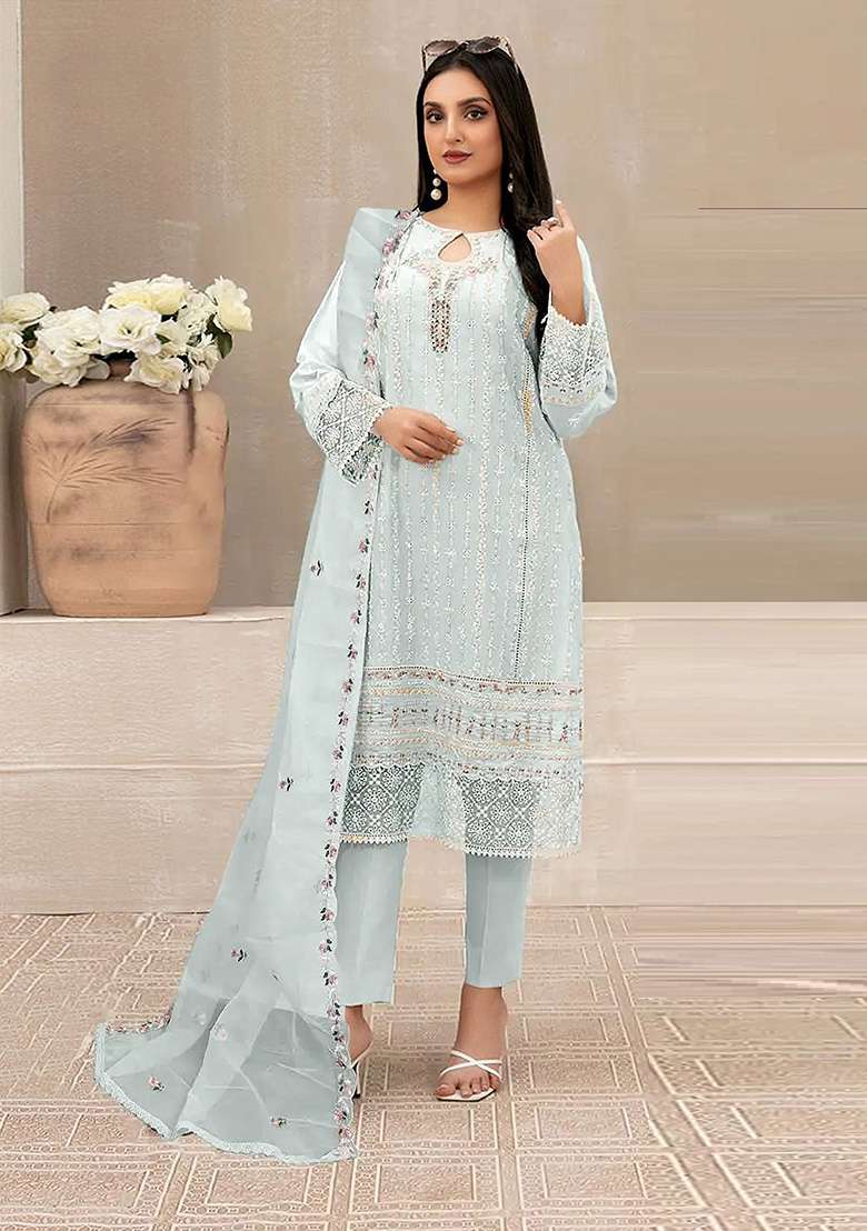 Sky Blue Embroidered Faux Georgette Kurta Set - Indya
