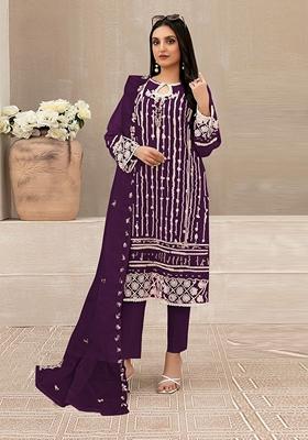 Purple Embroidered Faux Georgette Kurta Set