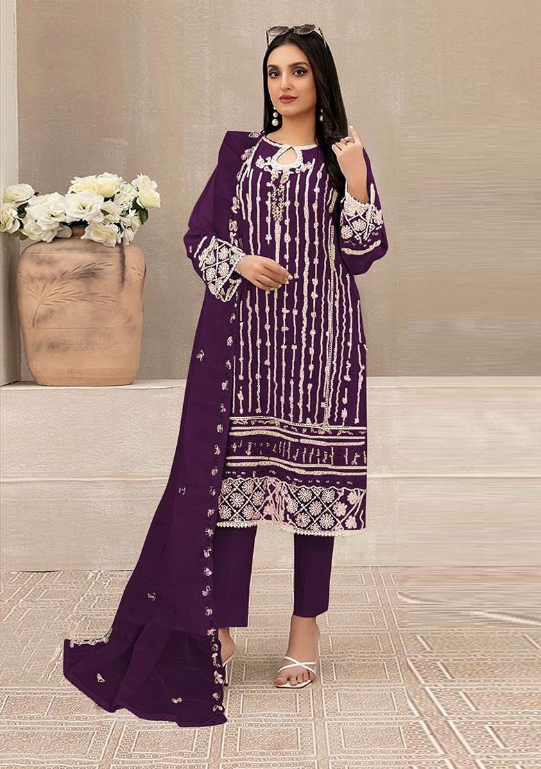 Purple Embroidered Faux Georgette Kurta Set - Indya