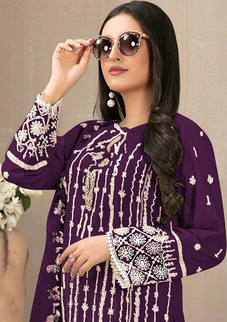 Purple Embroidered Faux Georgette Kurta Set