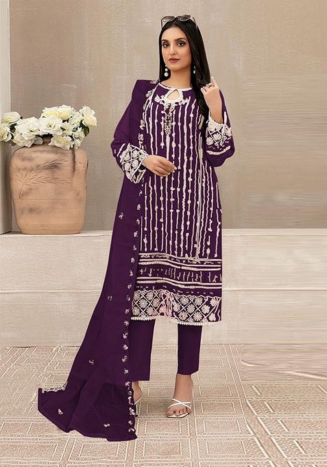 Purple Embroidered Faux Georgette Kurta Set