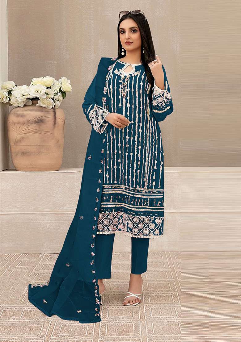 Teal Embroidered Faux Georgette Kurta Set - Indya